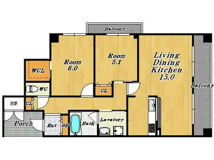エバーグリーン鶴見II(2LDK/2階)の間取り写真