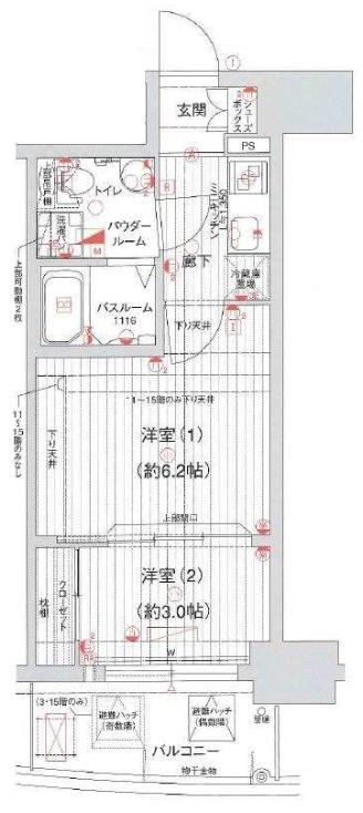 ラシュレエグゼ本町(2K/11階)の間取り写真
