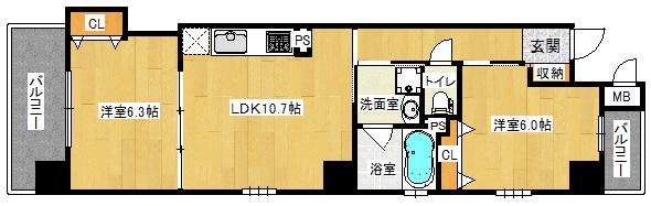 ピアッツァレント今井町(2LDK/3階)の間取り写真