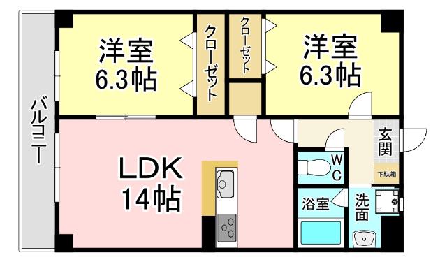 ニューガイア上石田(2LDK/4階)の間取り写真