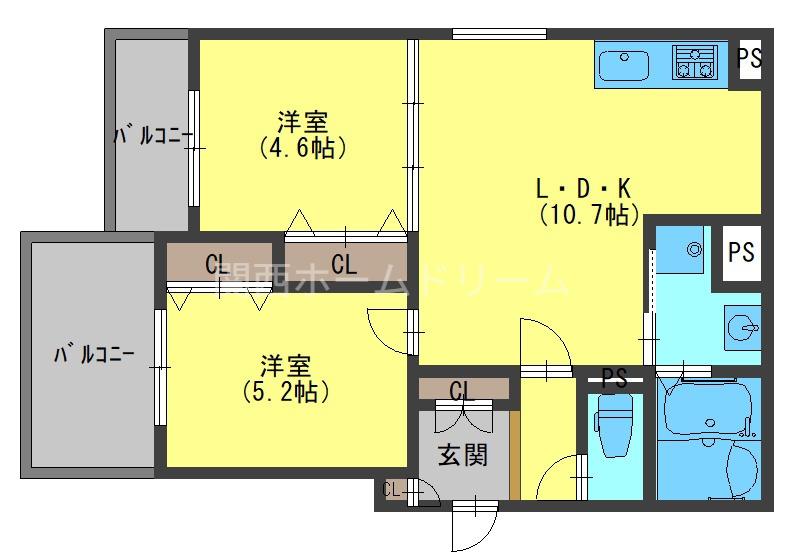 クリエオーレ秦町(2LDK/1階)の間取り写真