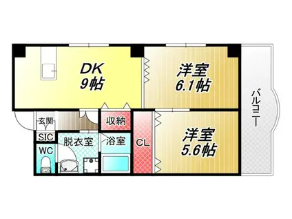 ＪＲおおさか東線 新加美駅 徒歩2分 6階建 築29年(2DK/2階)の間取り写真