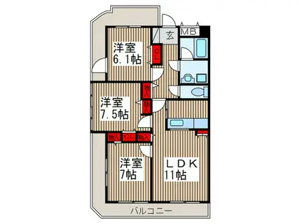東武伊勢崎線 越谷駅 徒歩8分 8階建 築21年(3LDK/8階)の間取り写真