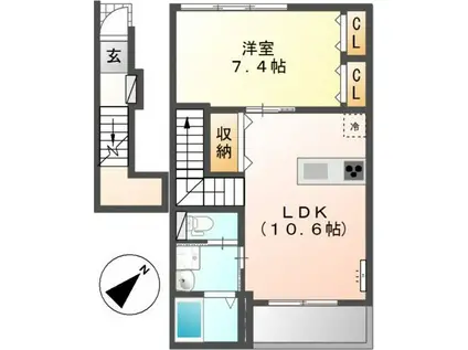 ラ・カーサ筒井(1LDK/2階)の間取り写真