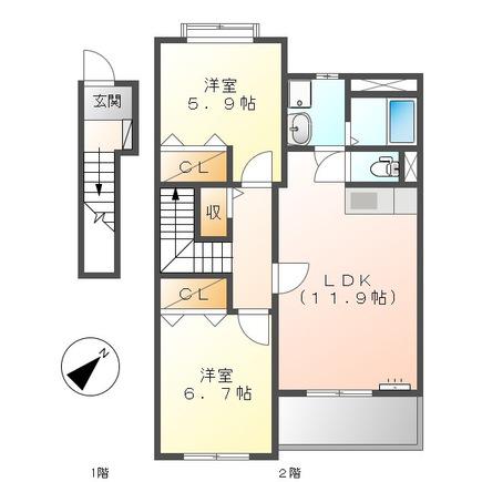 ヴィラサンライトI(2LDK/2階)の間取り写真