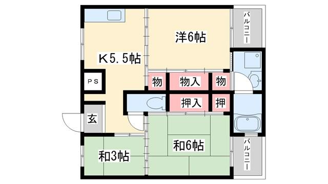 サンライズ高砂 4号棟(3K/2階)の間取り写真