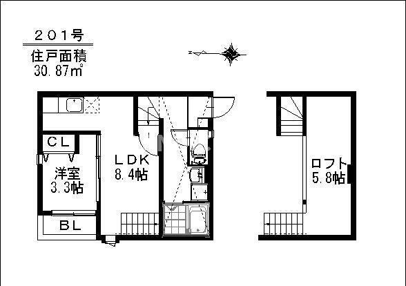 クロノス(1LDK/2階)の間取り写真