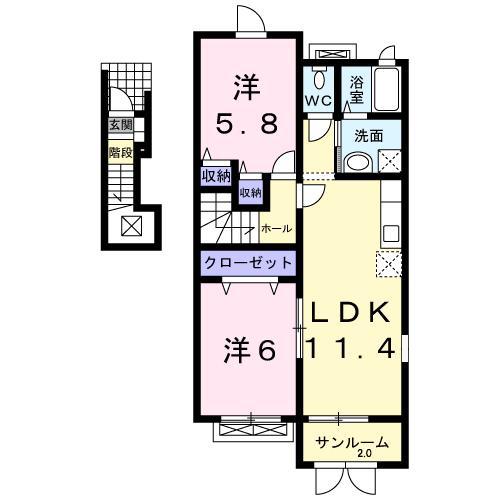 カーサ フェリーチェII(2LDK/2階)の間取り写真