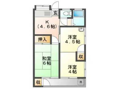 浜風コーポ4棟(2K/2階)の間取り写真