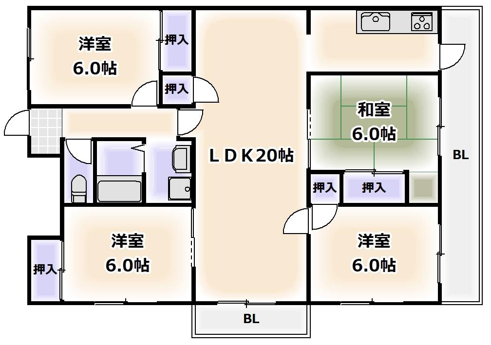 ロイヤルハイツ阿倍野(4LDK/3階)の間取り写真