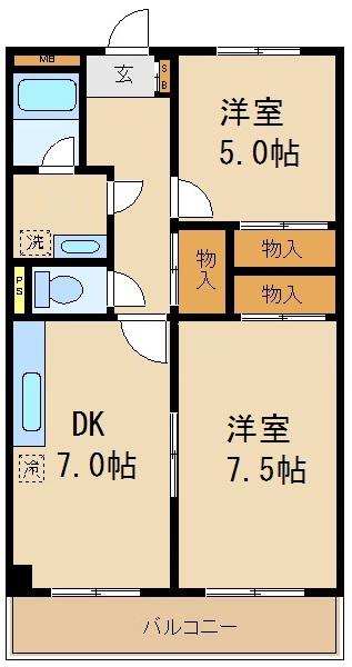 プランドール松戸(2DK/2階)の間取り写真
