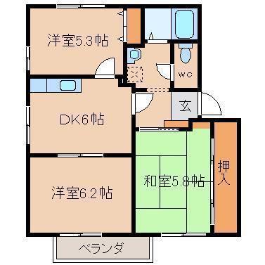 わかばビレッジC(3DK/2階)の間取り写真