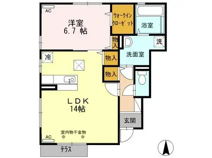 HAPPINESSくにしろ B棟(1LDK/1階)の間取り写真