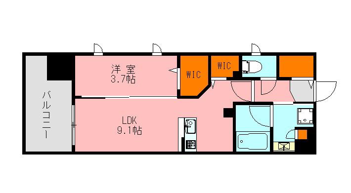 デュ・レジア薬院テラス(1LDK/9階)の間取り写真
