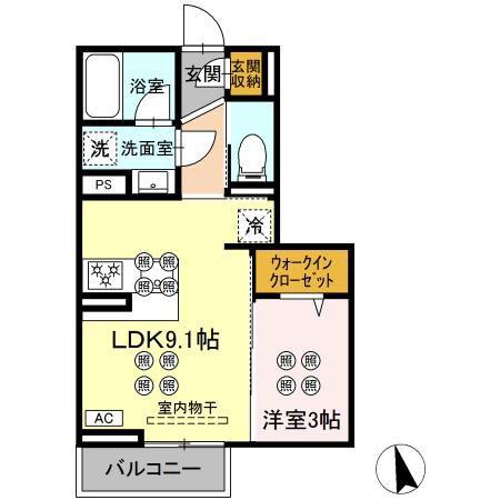 ディアライズ河内(1LDK/2階)の間取り写真