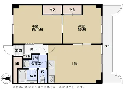 ウィング中島(2DK/7階)の間取り写真