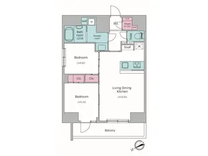 ドゥーエ三ノ輪I(2LDK/12階)の間取り写真