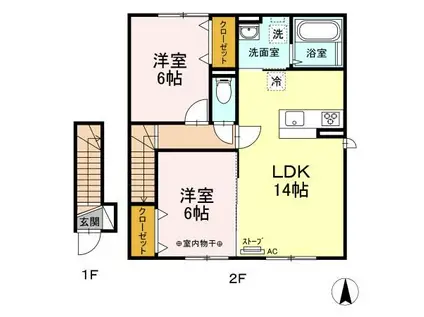 ＪＲ奥羽本線 青森駅 バス乗車時間：20分 最寄りバス停で下車 徒歩8分 2階建 築10年(2LDK/2階)の間取り写真