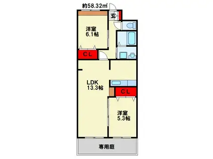 EXCELLENT 街角 参番館(2LDK/1階)の間取り写真