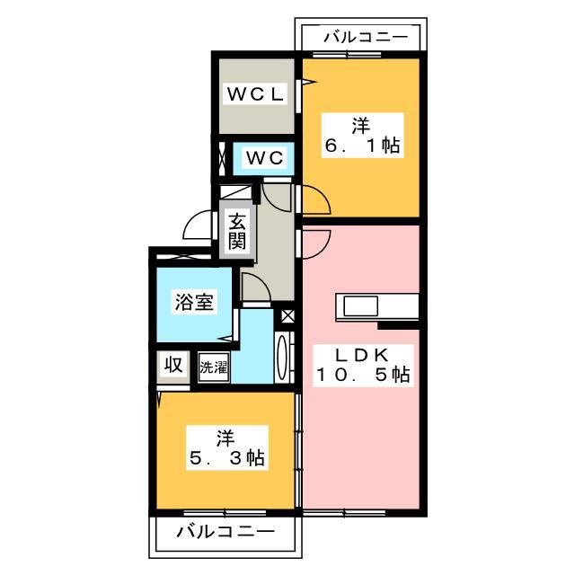 グッドラック・ワン A棟(2LDK/2階)の間取り写真