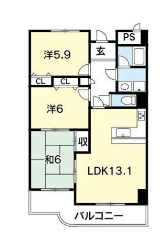 メロディーハイム徳島(3LDK/4階)の間取り写真