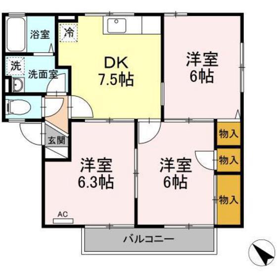 シャルマン A棟(3DK/2階)の間取り写真