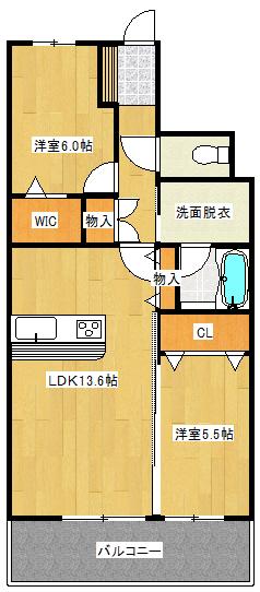 デュオヒルズ甲府北口(2LDK/2階)の間取り写真