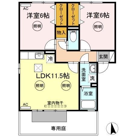 ブルーフォーレD棟(2LDK/1階)の間取り写真