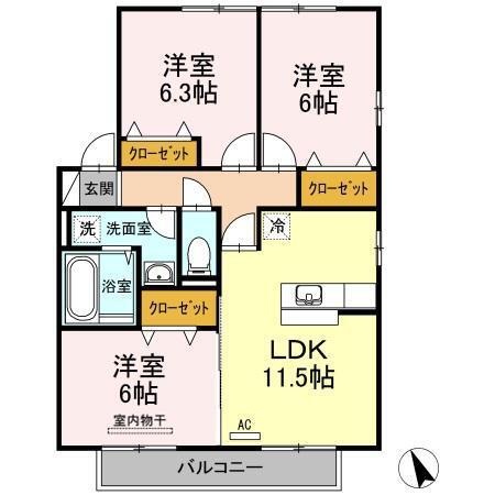 リビングタウン岩国D(3LDK/2階)の間取り写真