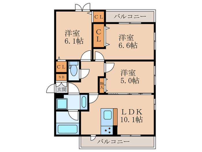 ドムール嵯峨A棟(3LDK/3階)の間取り写真