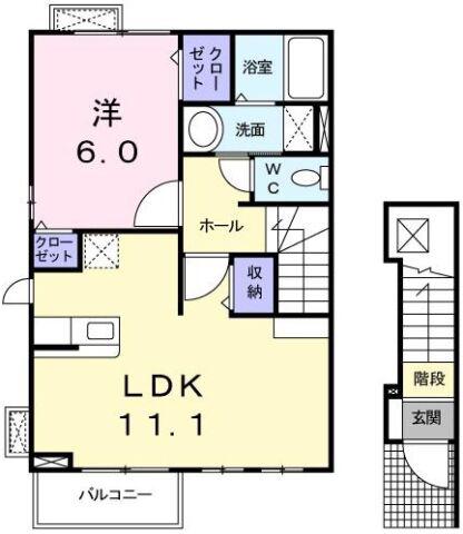 プレ ブリッジ シェトワIII(1LDK/2階)の間取り写真