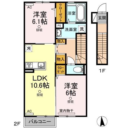 プリムヴェール大内 D棟(2LDK/2階)の間取り写真