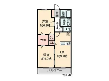 ベルコリーヌ大高台 B棟(2LDK/2階)の間取り写真