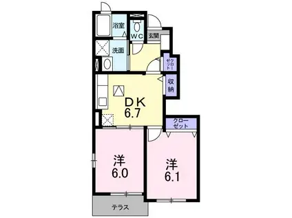 シャルル・ド・テケ(2DK/1階)の間取り写真