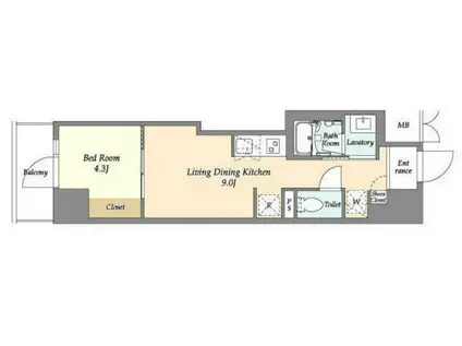 プライマルフロント菊川 旧ロイジェント菊川(1LDK/9階)の間取り写真