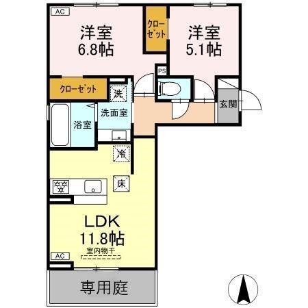 トリシア野多目I(2LDK/1階)の間取り写真