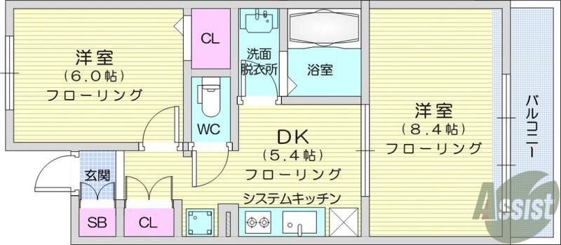 ヒューモスシエナ大和町(2DK/4階)の間取り写真