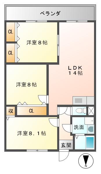 シャトー塚口C棟(3LDK/4階)の間取り写真