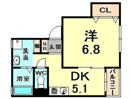阪急神戸線 夙川駅 徒歩7分 2階建 築19年(1DK/2階)の間取り写真