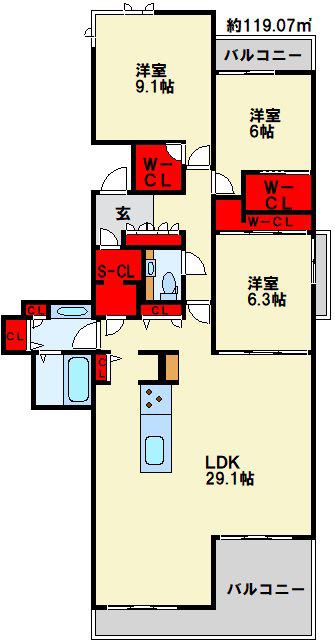 MASTメゾン小倉宇佐町(3LDK/2階)の間取り写真