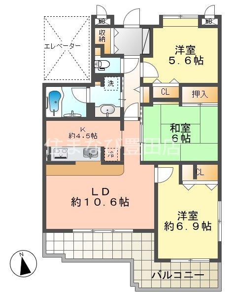 バンベール梅坪(3LDK/4階)の間取り写真