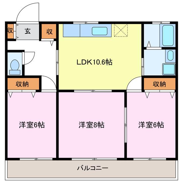 ロイヤルヒルズ渡辺(3LDK/2階)の間取り写真