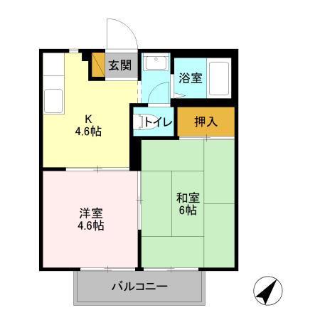 ソレイユ若葉 A棟(2K/2階)の間取り写真
