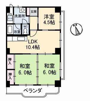 真締川ハイツ(3LDK/4階)の間取り写真