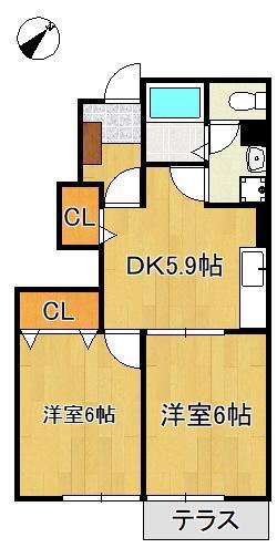 ボナール杁(2DK/1階)の間取り写真