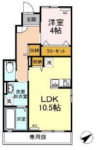 ミーティア B棟(1LDK/1階)の間取り写真