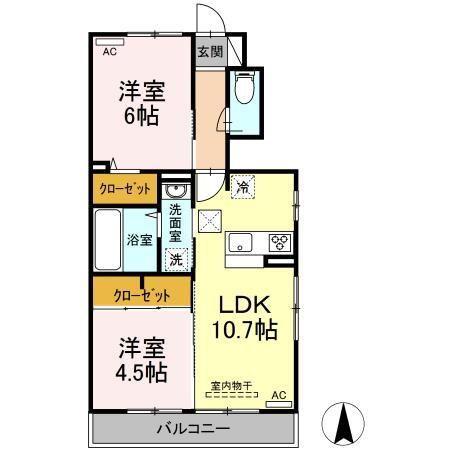 グランソレイユ B棟(2LDK/1階)の間取り写真