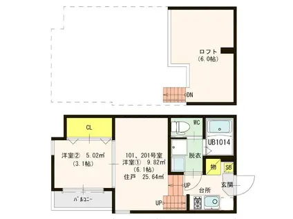 ディアコート馬出(2K/2階)の間取り写真