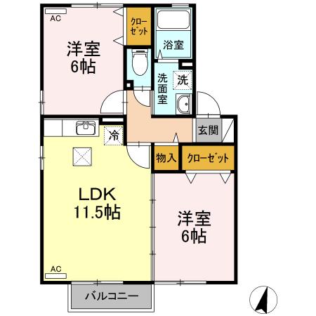 ウィルモア 花楯(2LDK/1階)の間取り写真