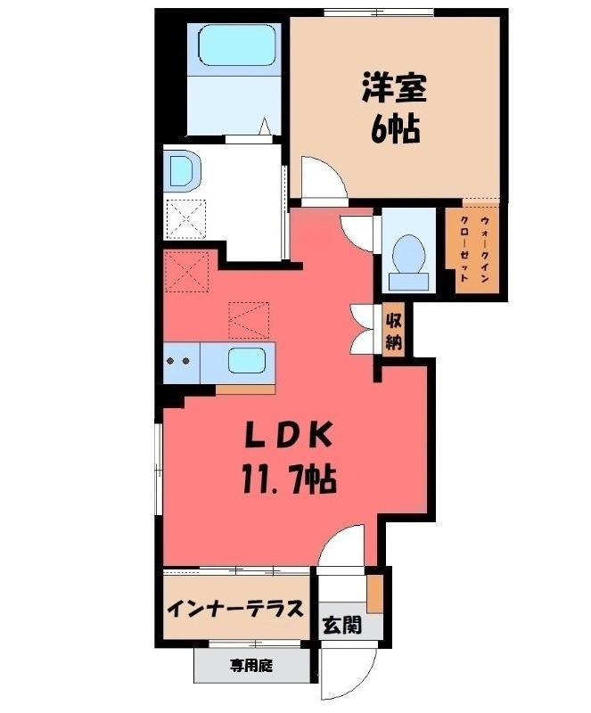 東武伊勢崎線 館林駅 徒歩22分 2階建 築1年(1LDK/1階)の間取り写真
